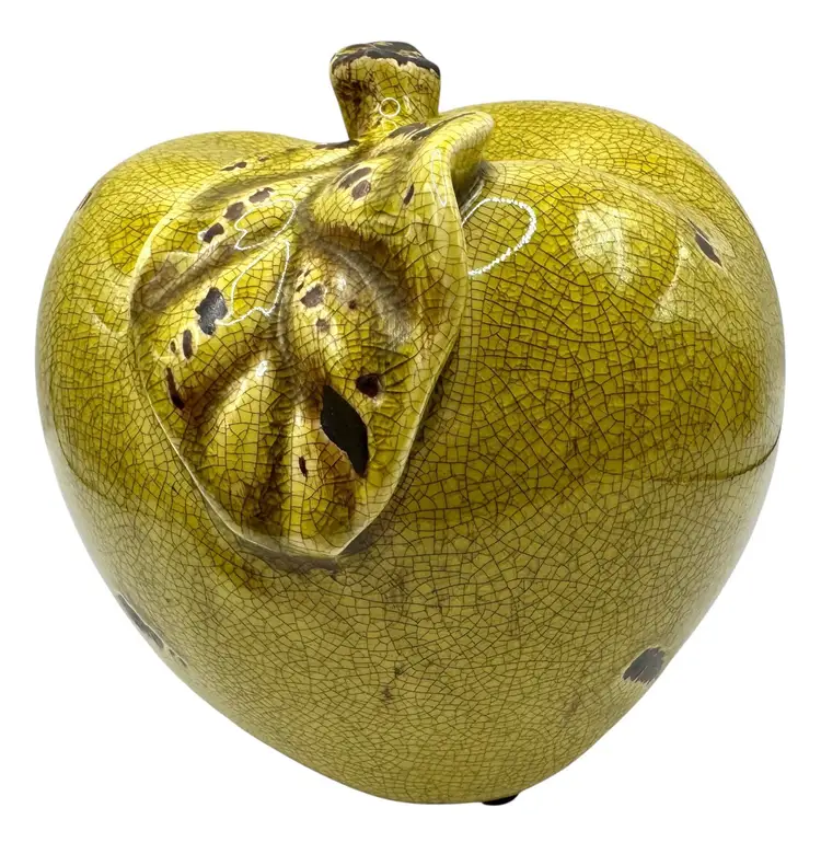 Large Ceramic Apple Sculpture Crackle Glaze Rustic Olive Green Farmhouse 5.5”