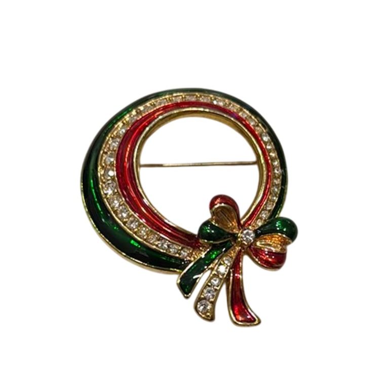 GoldTone Red & Green Enamel Pave Rhinestone Crystal Christmas Wreath Bow Brooch, 2”