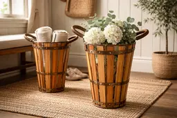 2 Vintage Slat Teak Wood Baskets w/ Cast Iron Handles, 13.75" & 10.5"