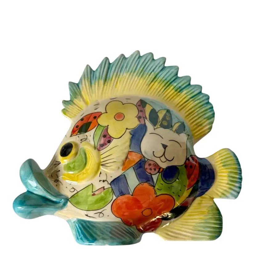 Large Fish Bank With Big Lips Bright Ceramic Orange/Green/Blue/Yellow Cat Floral Design With Iridescent Glaze
9.5” T x 10-1/2” L x 3-3/4” D