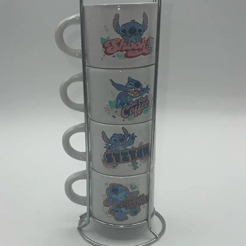 Disney Stitch Cartoon 3 oz Mini Espresso Mugs 4 pc Lot Stackable Ceramic Set FUN