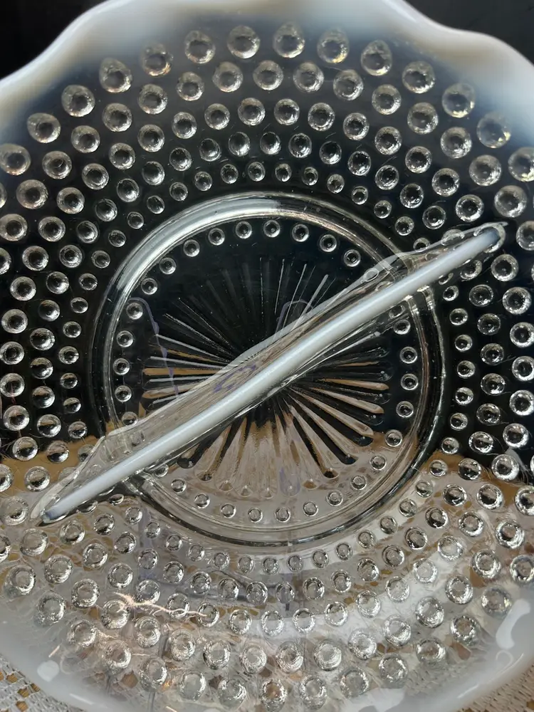 Anchor Hocking Moonstone Blue-White Opalescent Hobnail Divided Two Part Dish