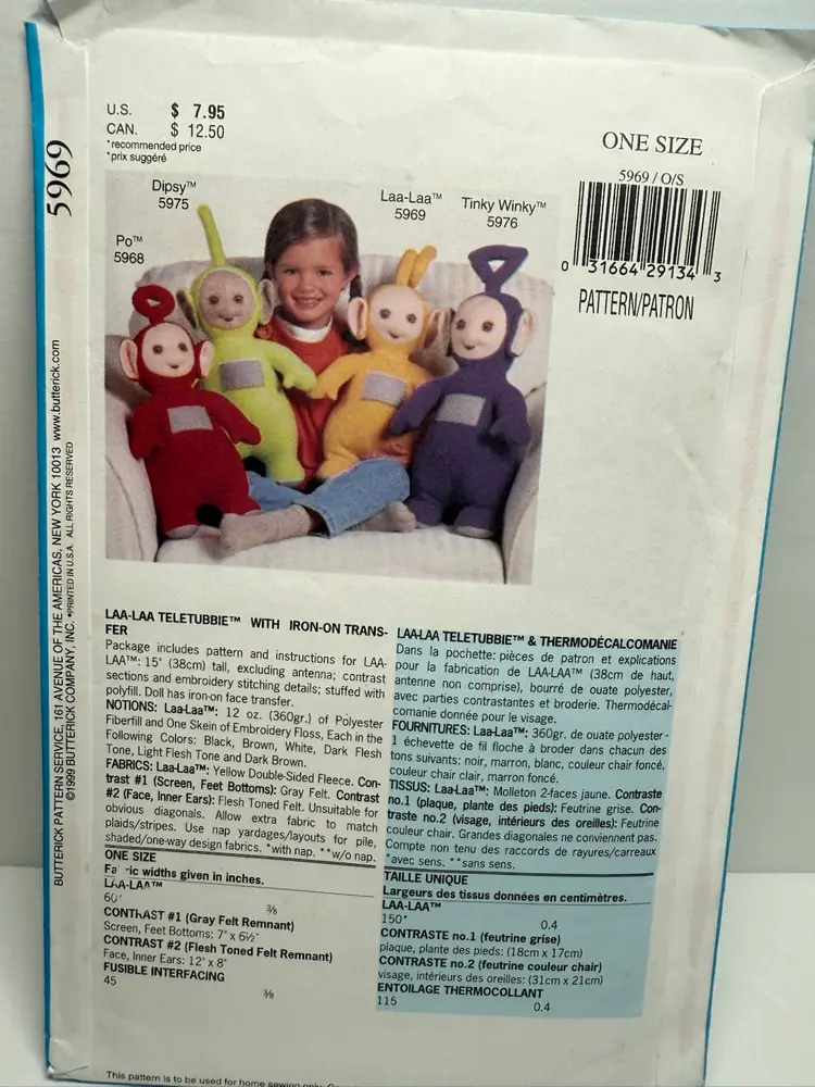 TELETUBBIES LAA-LAA Doll Sewing Pattern With Iron-On Transfer, Uncut/FF Butterick 5969, Vintage 1999.
