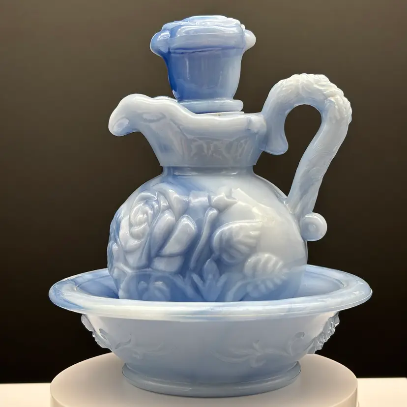 Avon Victoriana Blue Slag Glass Pitcher & Bowl Set | Vintage Mayve 1978