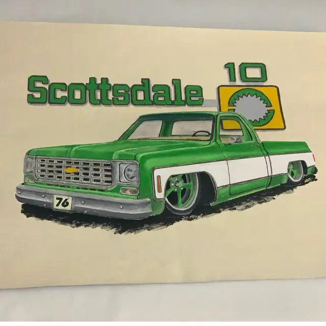 “76 Apple Green Scottsdale 10 Chevrolet Pick Up Truck” By Art. Signed By Artist 20” By 16” Mixed Media On Canvas Made By Me Featuring A Stunning Cheyenne 10 Pick Up Truck In Celeste Pastel Baby Blue Vintage Truck 🛻