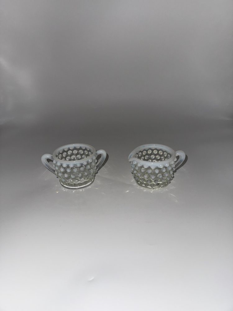 Vtg. Mid Century Moonstone Fenton Glass Hobnail Sugar & Creamer Set W/ Handles