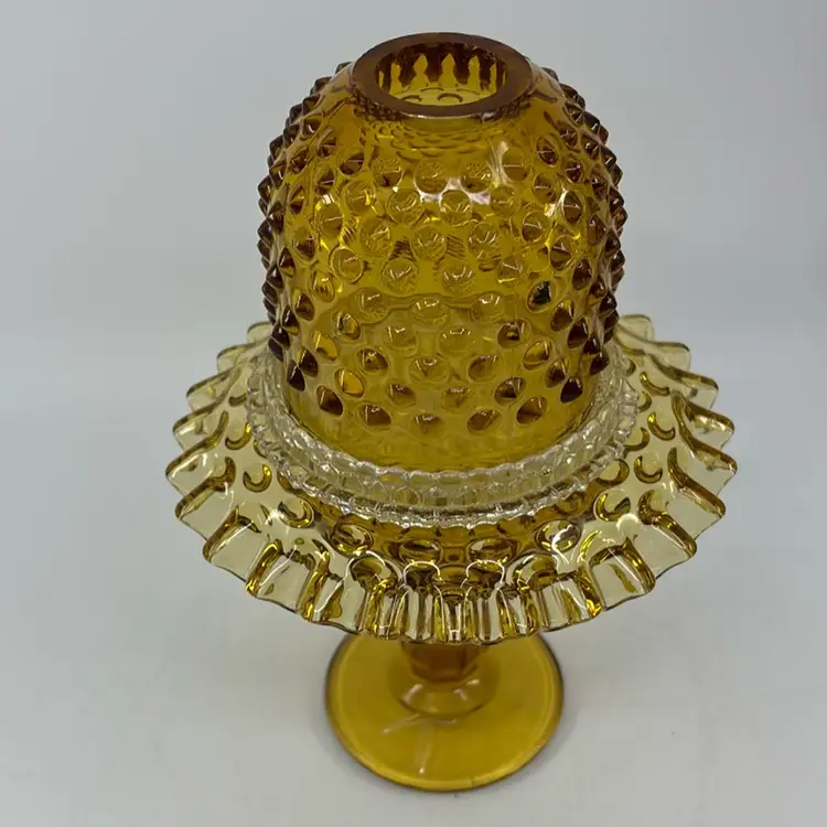 Fenton Amber Hobnail Pedestal Ruffle Rim 3 Piece Fairy Lamp 8.5” Read