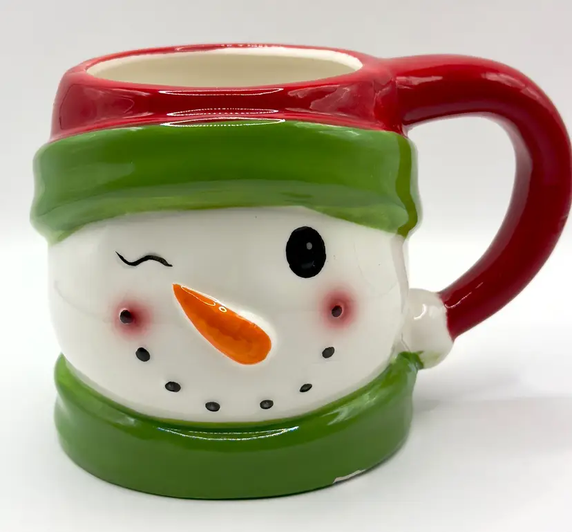 Festive Snowman Coffee Mug, Holiday Cheer Winking Face, Christmas Decor, Unbranded