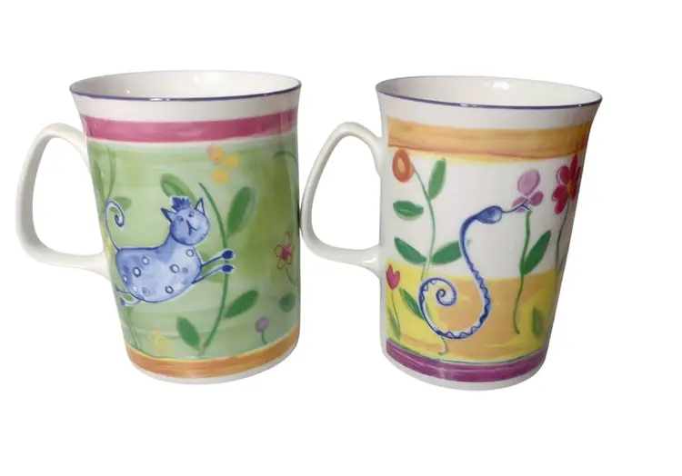 Rose of England Bone China Pair Jungle Animal Coffee Mugs Zebra Elephant READ