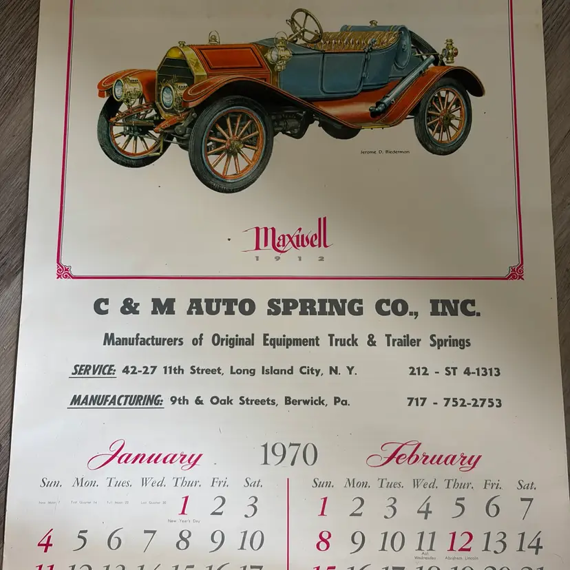 C& M Auto Spring Co Inc 1970 Complete Wall Calendar In VGVC - 6 Antique Cars - About 15” X 24”