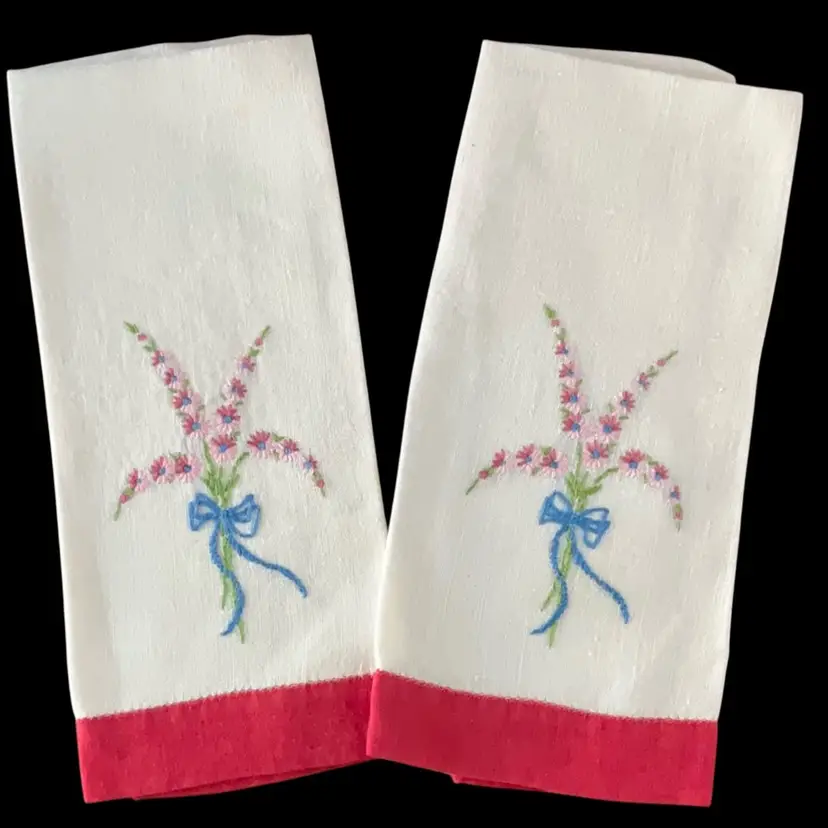Pair Of Red Trimmed Blue Bow Floral 12” X 17” Towels/ Doll Blankets Vintage Floral Embroidered Hand Towels