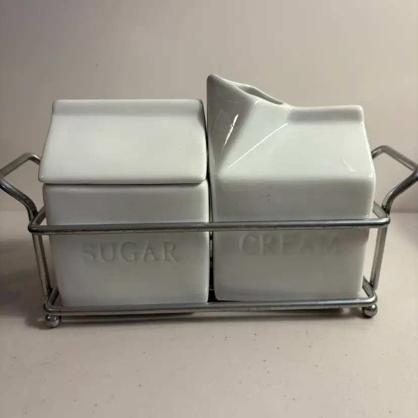Denmark Sugar And Creamer Set 2 Vitrified Porcelain White Ceramic W Metal Rack