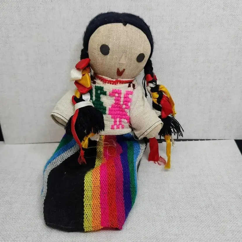 Vintage Handcrafted Mexican Girl Doll, Stuffed, Posable, 8"