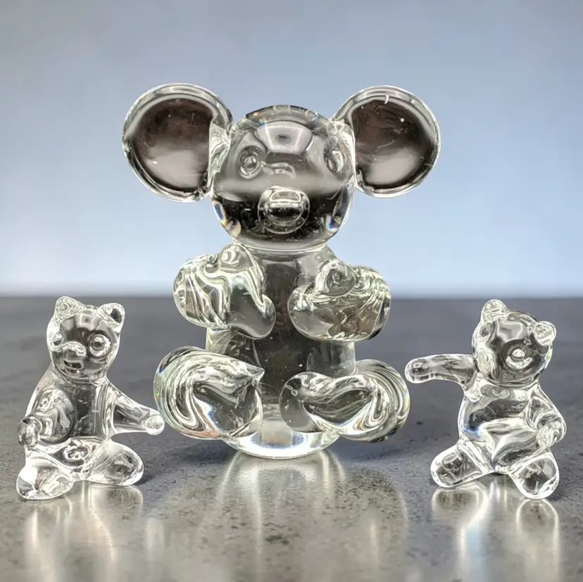Clear Art Glass Koala Bears Mother & 2 Babies Children Figurines Set of 3