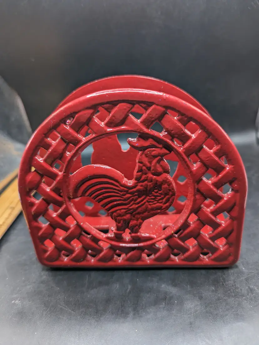 Vintage Red Rooster Cast Iron Open Lattice Napkin Letter Holder 4.75" T 5.5" W