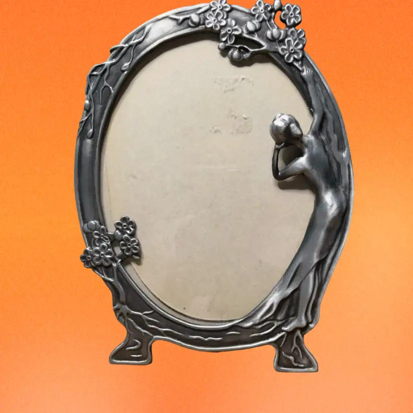 09. Vintage Pewter Art Nouveau Revival Lady Vanity Frame, Lady Looking at Photograph, Standing Oval Dressing Table Frame