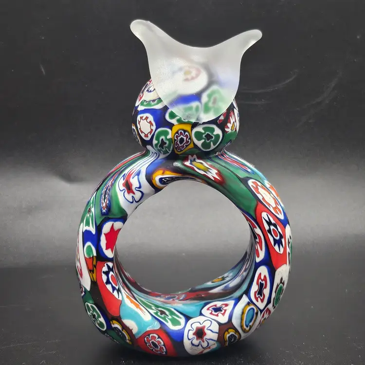 #2 HTF Vintage KB Italy Murano Venetian Art Glass Satin Millefiori Cut Cane Owl Napkin Ring RARE!