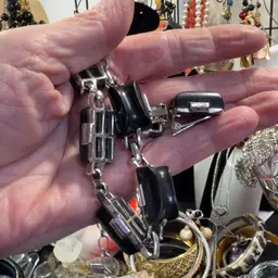 Vintage Silver Tone Black Thermoset Clip On Earrings & Necklace 16”