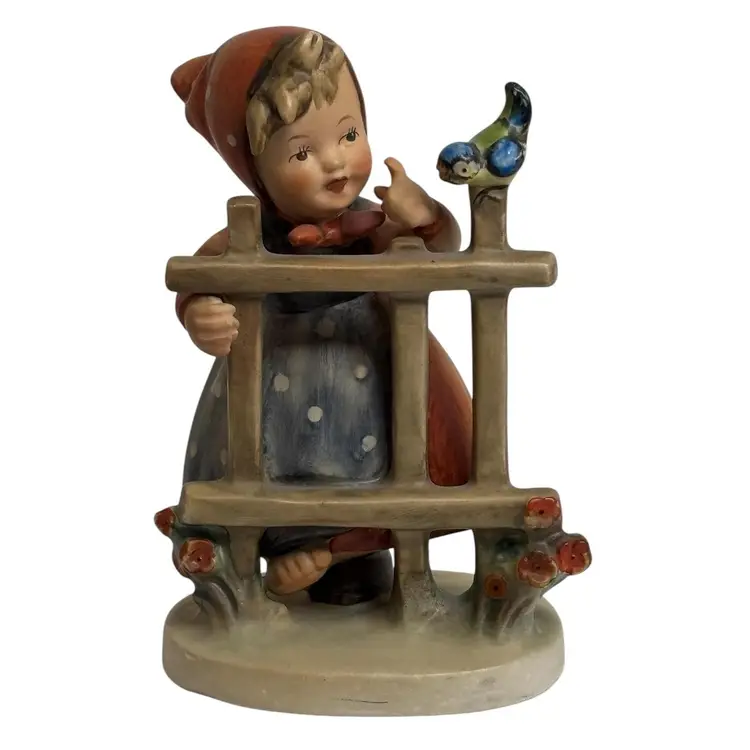 Goebel Hummel Figurine Signs of Spring 203 Girl Fence Bird 1950s