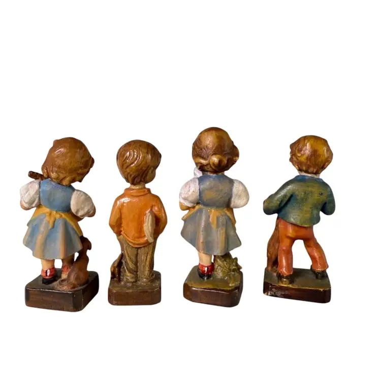 FOUR Vintage Hand Carved/Hand Painted Wooden Children Figurines - Italy, ANRI?