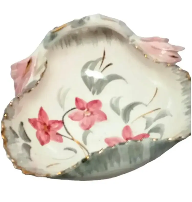 Italian Pottery Trinket Candy Nut Dish Hand Painted Pink Flowers Gold Trim