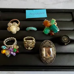 Lot of 7 Elastic Adjustable Rings - Gold & Silver Tone, Watch, Rhinestones, Beaded