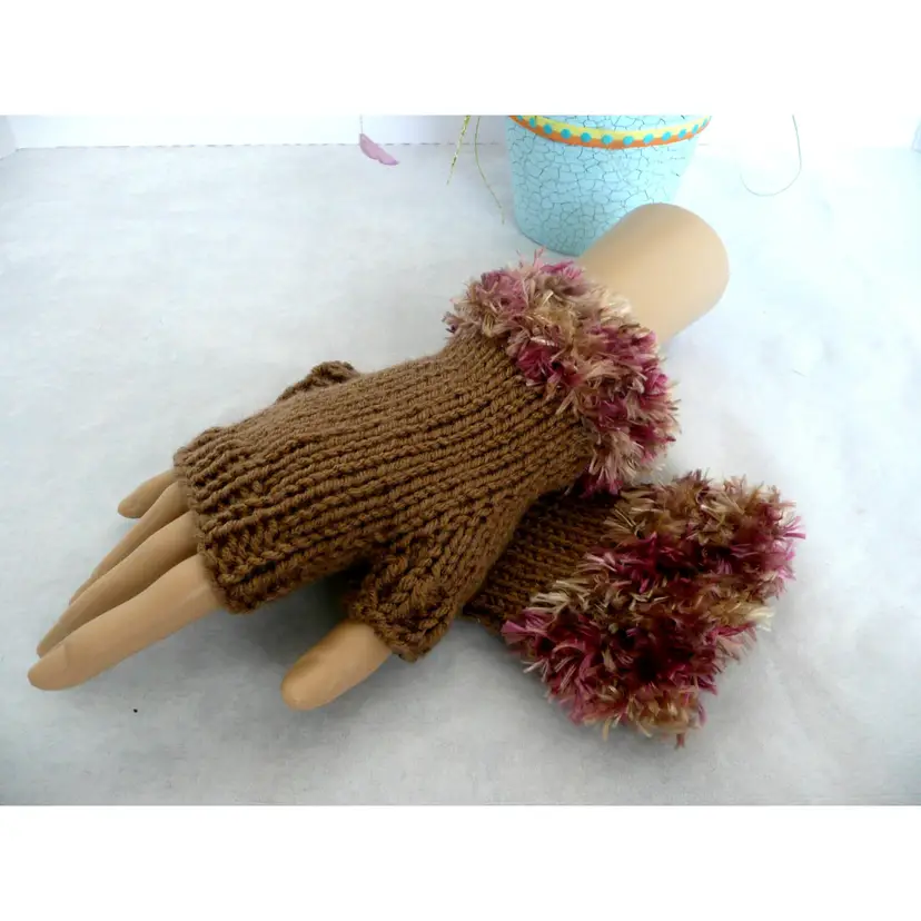 Hand Knit Brown Knit Fingerless Gloves Mittens Hand Warmers with Fluffy Cuffs