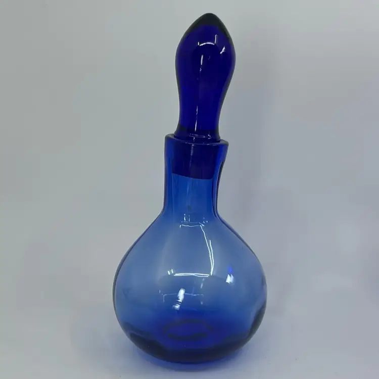 Blenko Blue Optic Glass Perfume Bottle With Stopper 7”