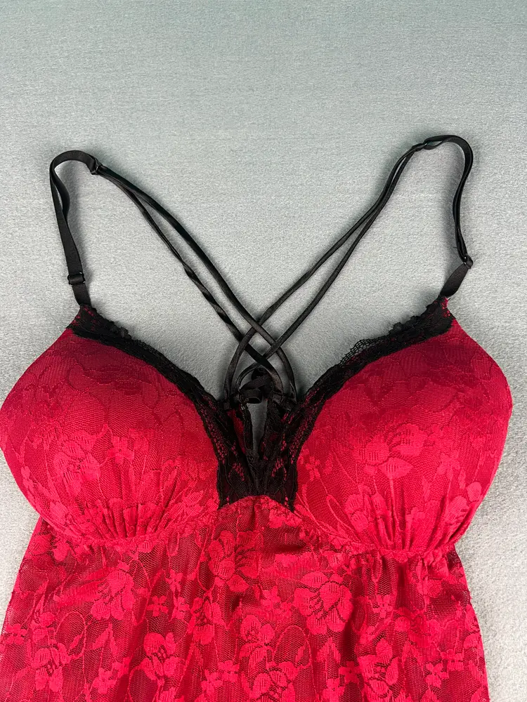 Red Lace Babydoll Lingerie XL Strappy Back Padded Cups Sheer Mesh Chemise
