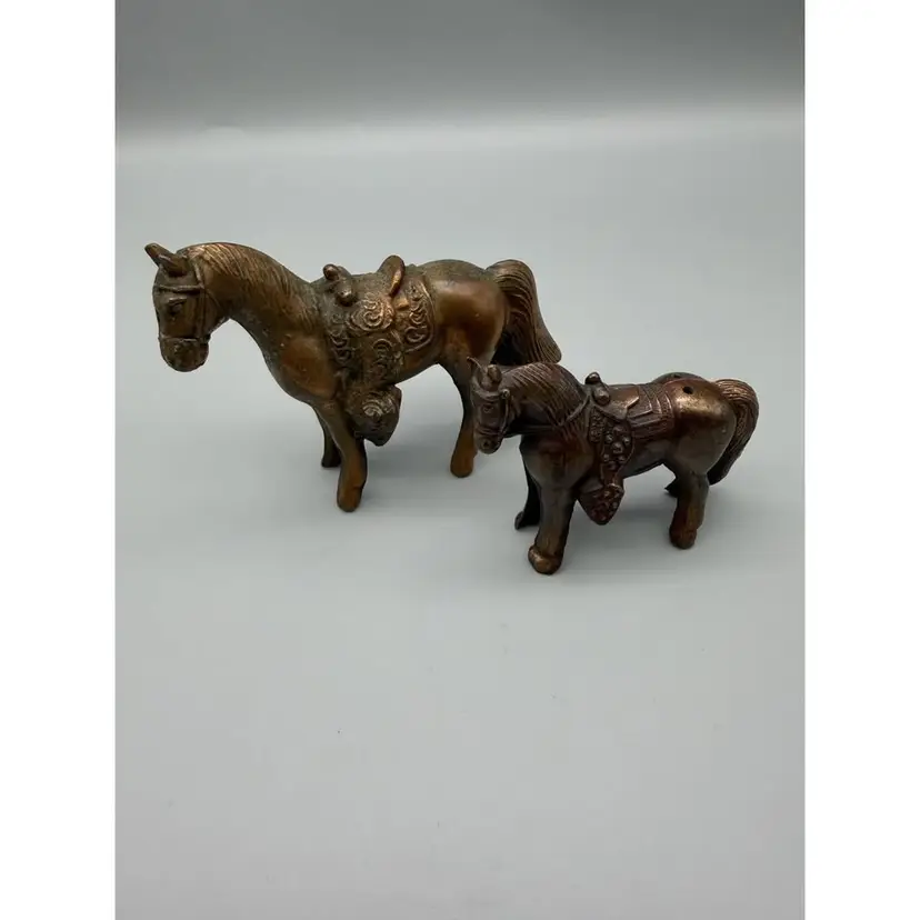 Vintage Horse Figurines Copper Plated Pot Metal Pair Saddle Equestrian Decor