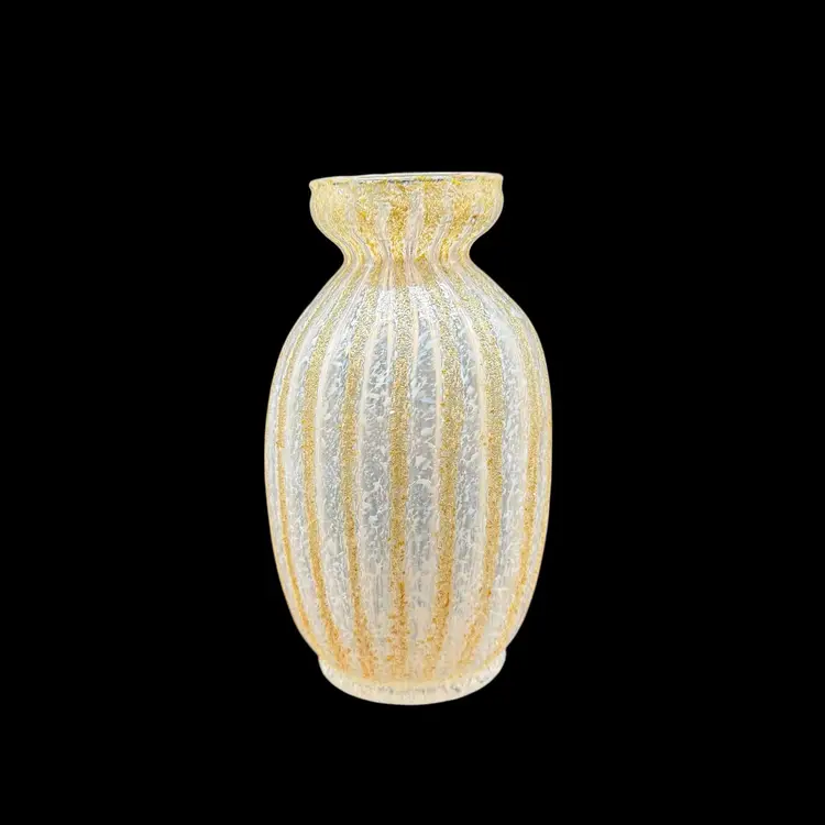 Antique Dugan Frit Art Glass Iridescent Melon Vase White Gold Stripes Handmade