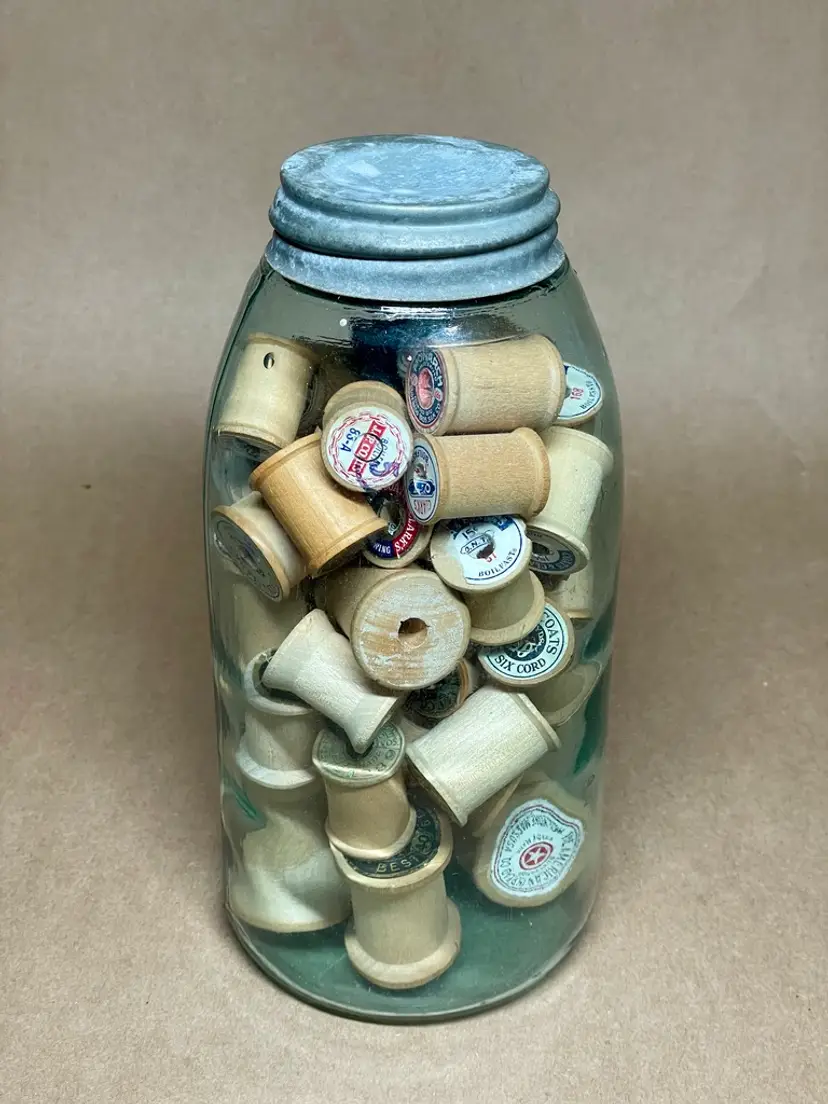 Vintage Clear Aqua Tint Ball Mason IV Jar with Zinc Lid Wooden Thread Spools