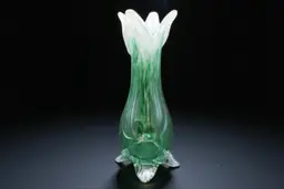 Vintage Seguso Murano Art Glass Vase Green & White Cased Lily Form Applied Feet Mid Century Italy 9” Tall