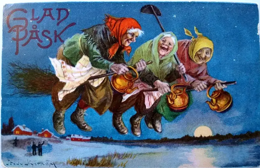 Easter Witch Postcard Glad Pask 3 Witches Tea Pots Brooms Moon Jenny Nystrom