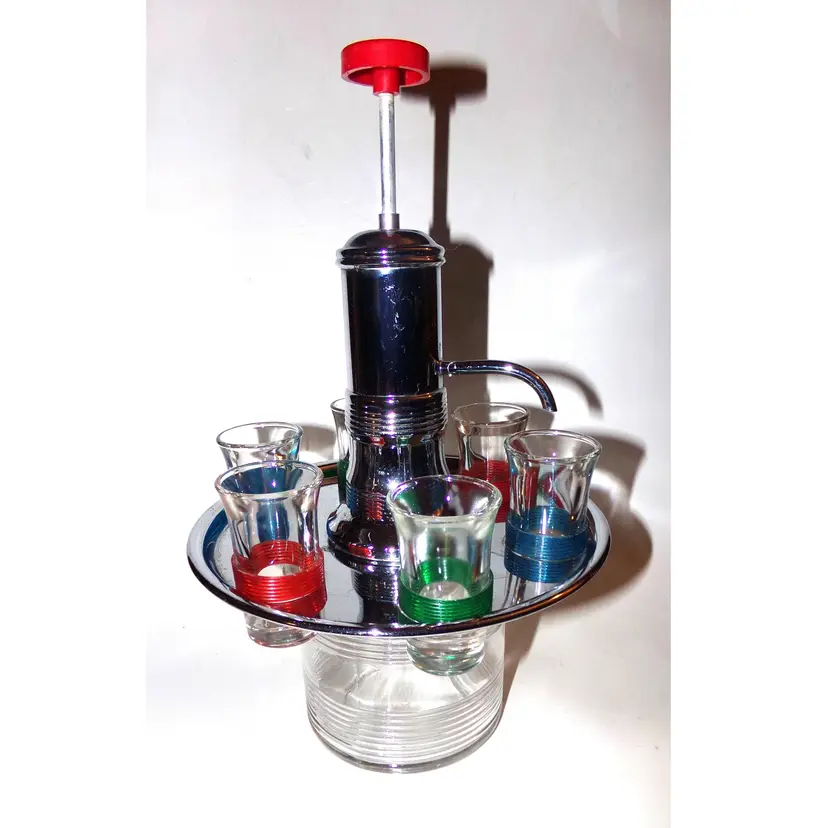 Vintage MCM, Chrome, Bakelite & Glass Liquor Dispenser Pump & 6 Shot/Cordial Glasses!!