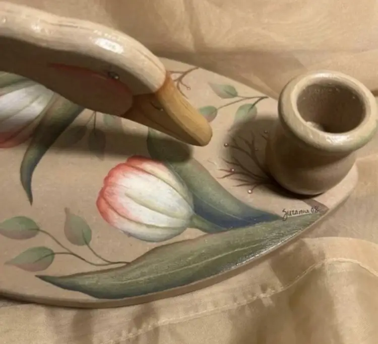 Rare Signed Hand Painted Swan Candlestick Holder