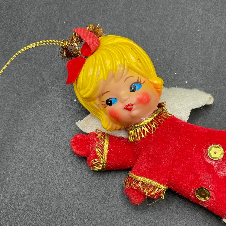 Red Flocked Plastic Angel Hanging Christmas Ornament Kitschy Kitsch Holiday