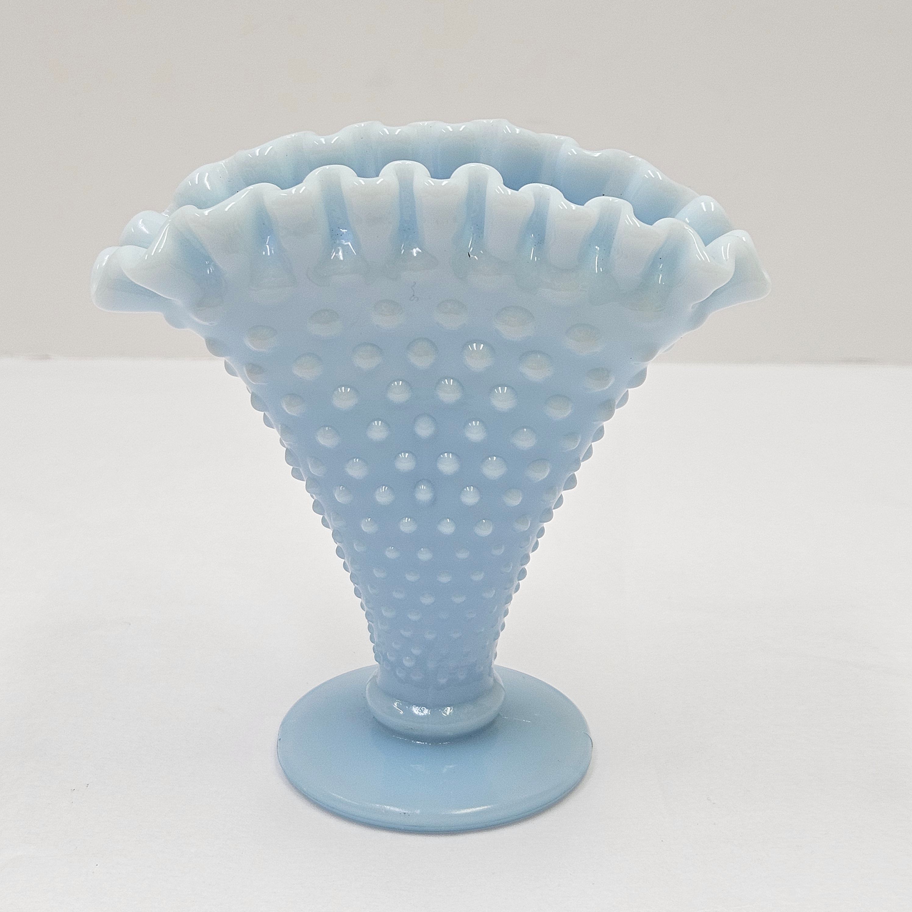 Vintage Fenton Pastel Blue Milk Glass Hobnail Fan Vase