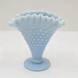 #01 Vintage Fenton Pastel Blue Milk Glass Hobnail Fan Vase