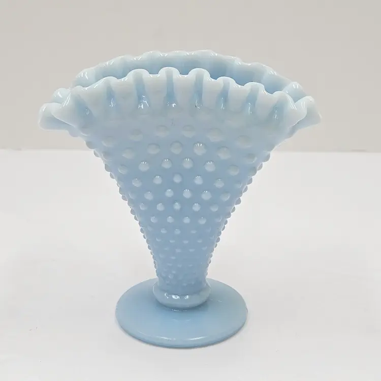 Vintage Fenton Pastel Blue Milk Glass Hobnail Fan Vase