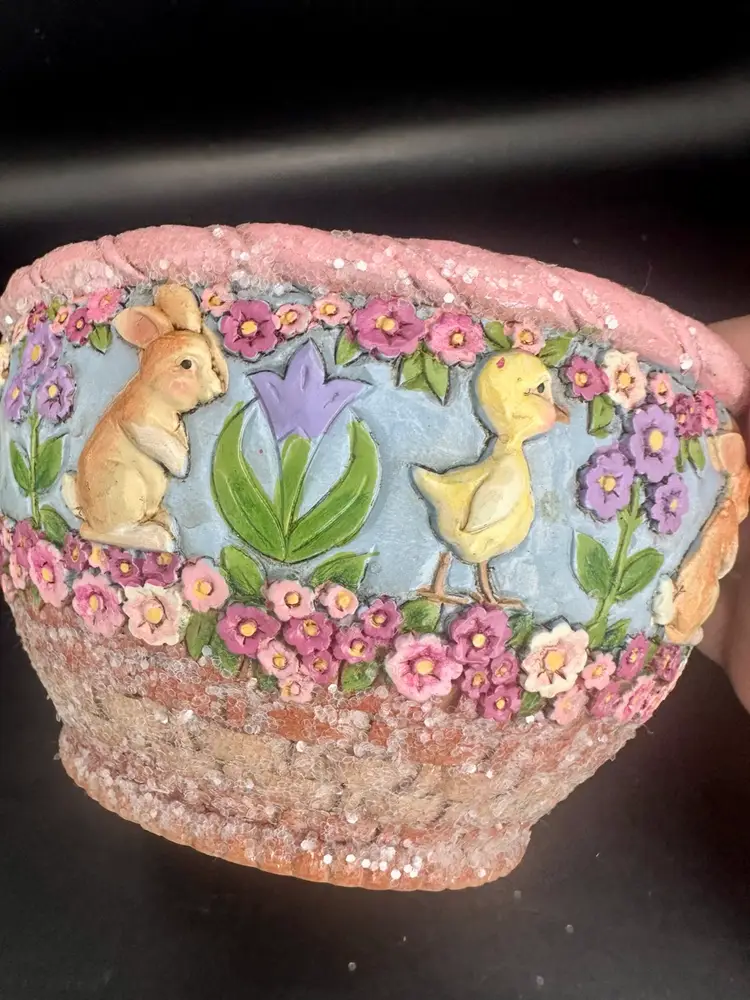 Jim Shore 2015 HELLO SPRING Pink Bunny & Chick 5.25" Bowl 4051410 Easter