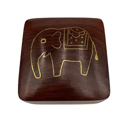 Vintage Small Wood Trinket/Jewelry Box, India, Gold Elephant Inlay, Hinged
