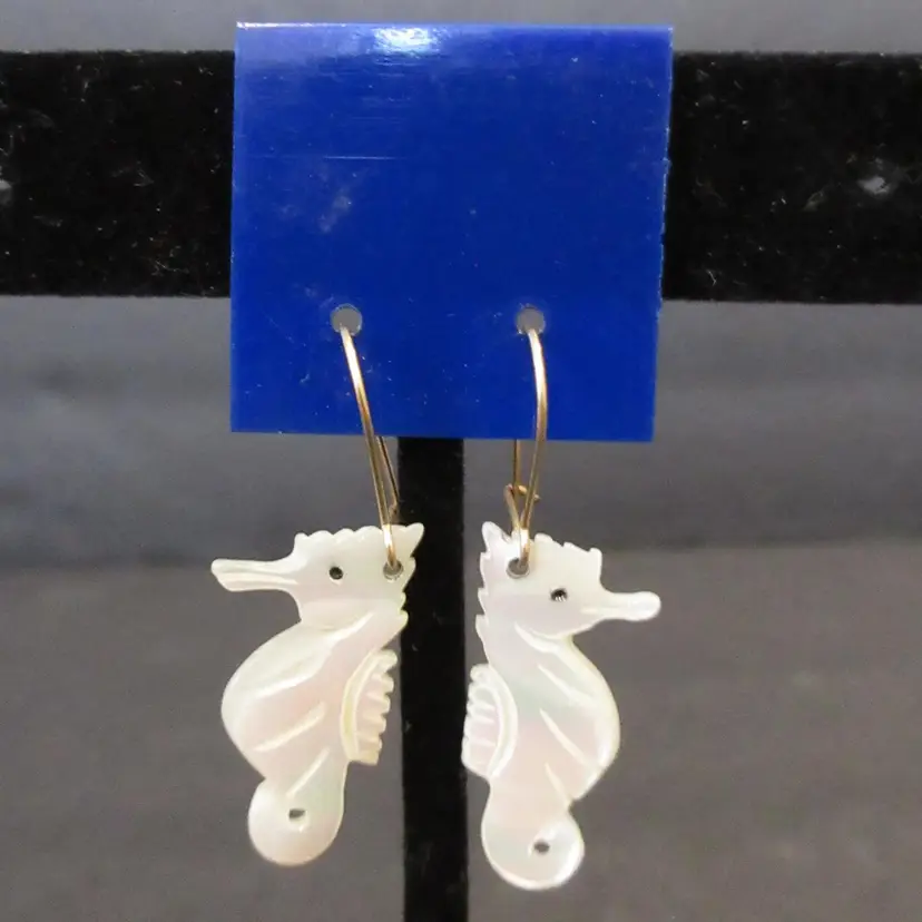 Vintage Dangle Mother of Pearl and Gold Tone Metal Seahorse Pierced Earrings - 1.25 Inches Long