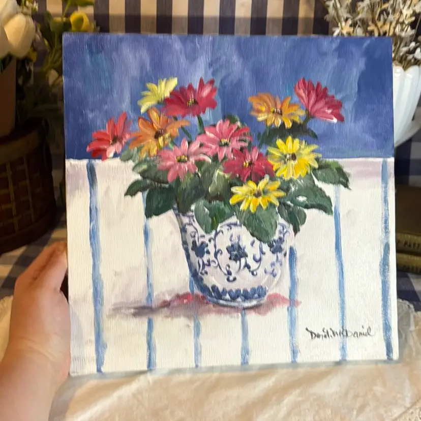 Hand-Painted Acrylic Blue & White Pot with Flowers Art