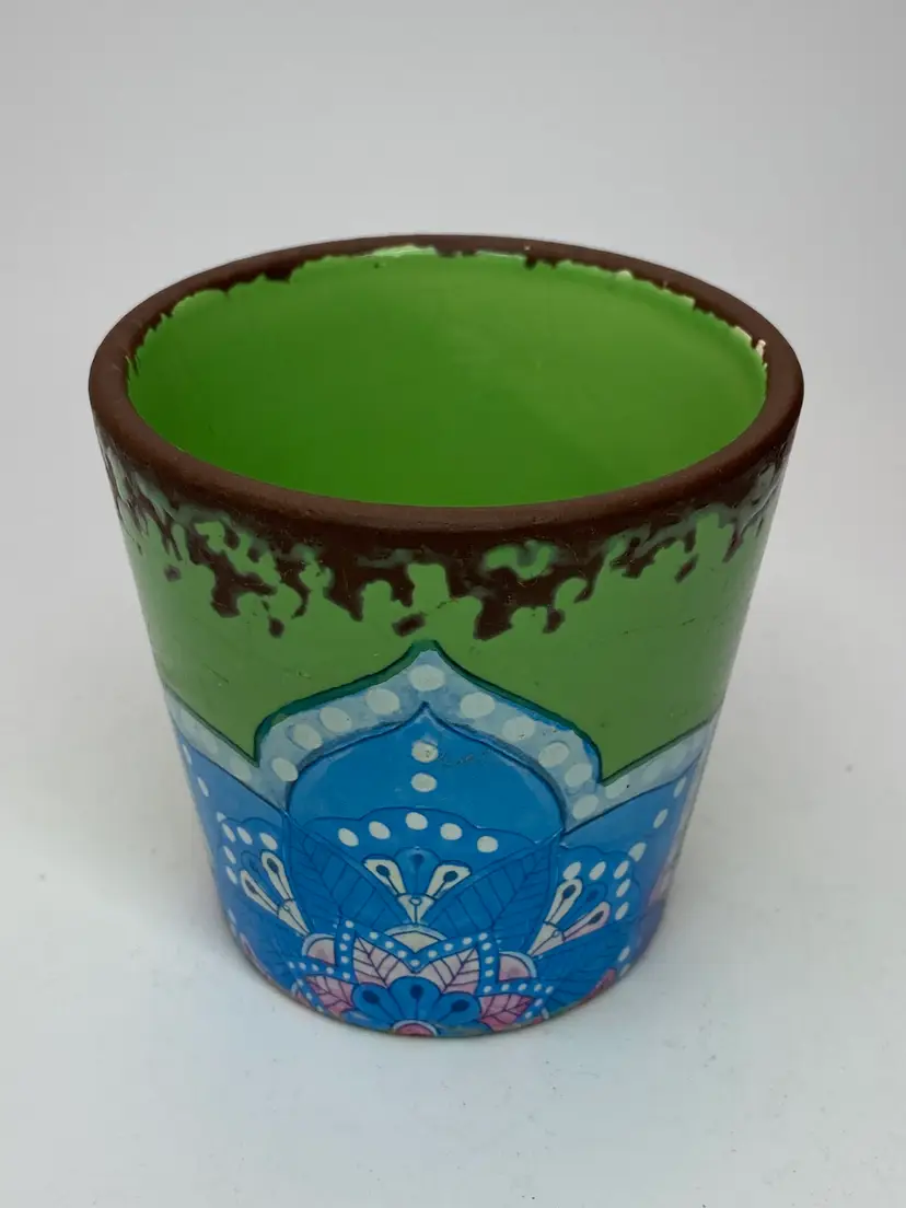 Hand Painted Pot with Green & Turquoise Abstract Design