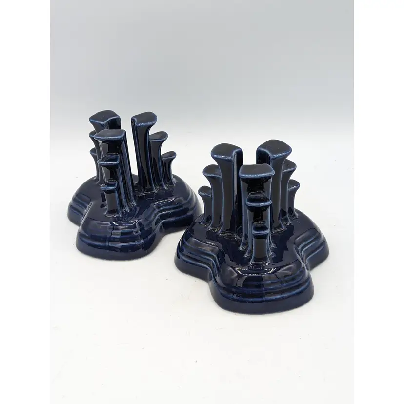 Vintage Fiesta Ware Cobalt Blue Tripod Skyscraper Pair of Candle Holders