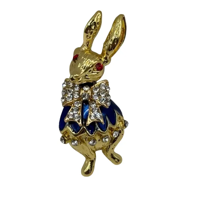 Sparkling Bunny Brooch with Red Jeweled Eyes
