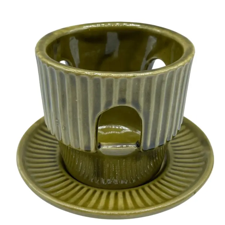 Western stoneware fondue base & Saucer under plate Green (No Bowl) Rare