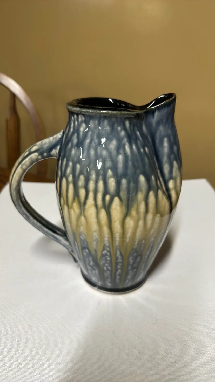 Frank Stofan "Trees" Wood Ash Blue Drip Glossy Glazed Pottery Pitcher 2022