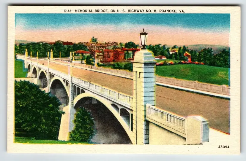 Memorial Bridge On US Highway No 11 Roanoke Virginia Postcard Linen Unposted